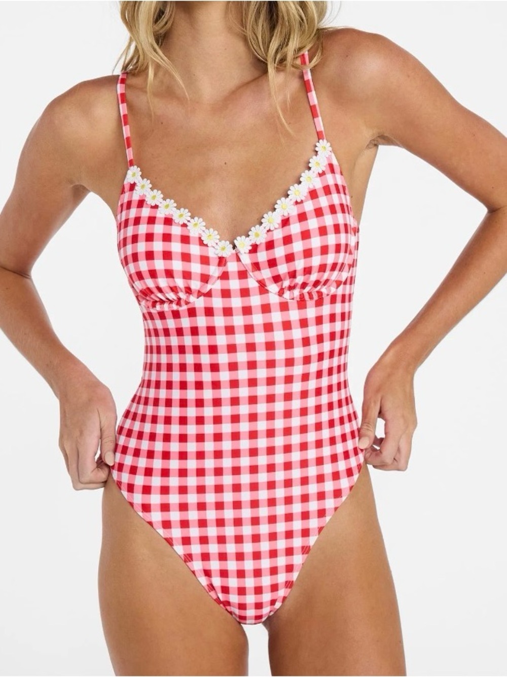 No Boundaries Underwire One-Piece Swimsuit Women's Red Gingham Daisy Trim M 8-10